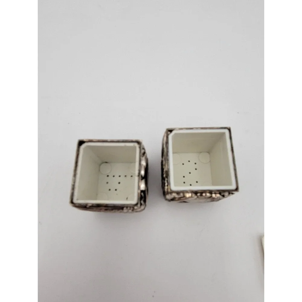 Vintage silver plated salt and pepper‎ shakers cube with tray holder embossed